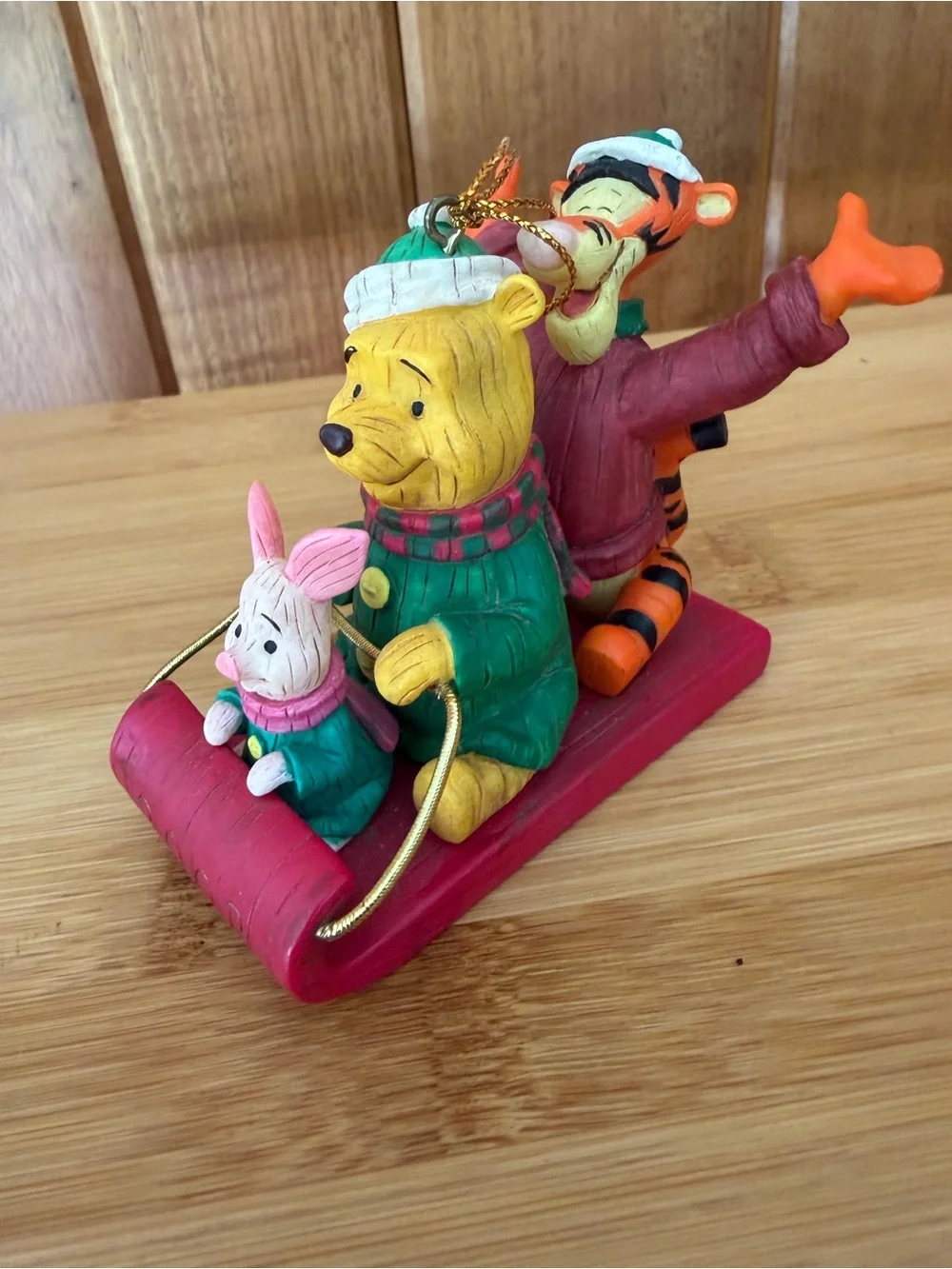 Vintage Disney Winnie the Pooh Tigger Piglet Sled Christmas Wood Ornament 2002